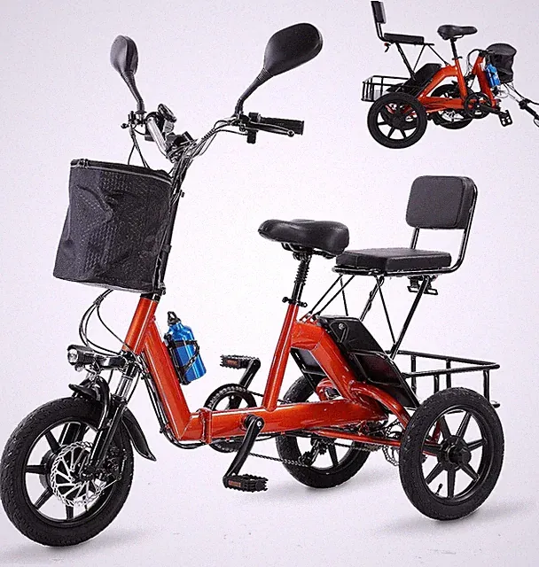 350W 48V Adult Electric folding trike 3 wheel e-bike with 2 Seats Up to 45 Miles